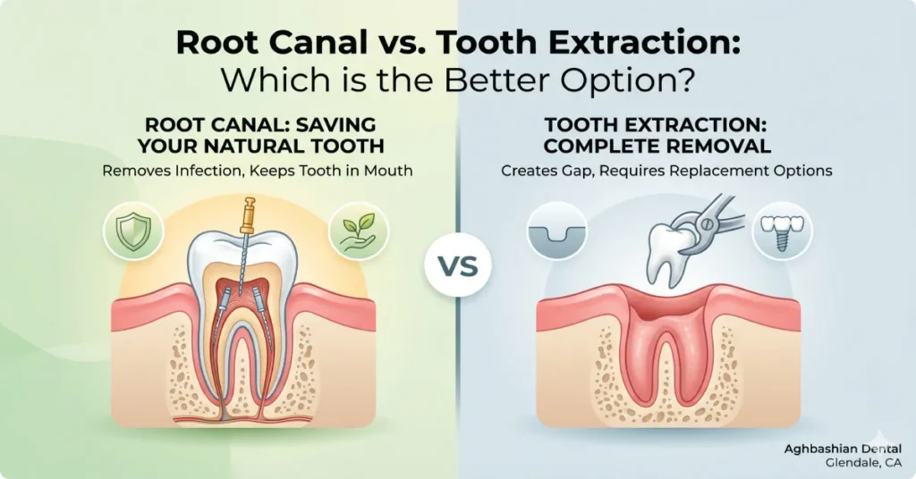 Illustration comparing a root canal to a tooth extraction by Aghbashian Dental.