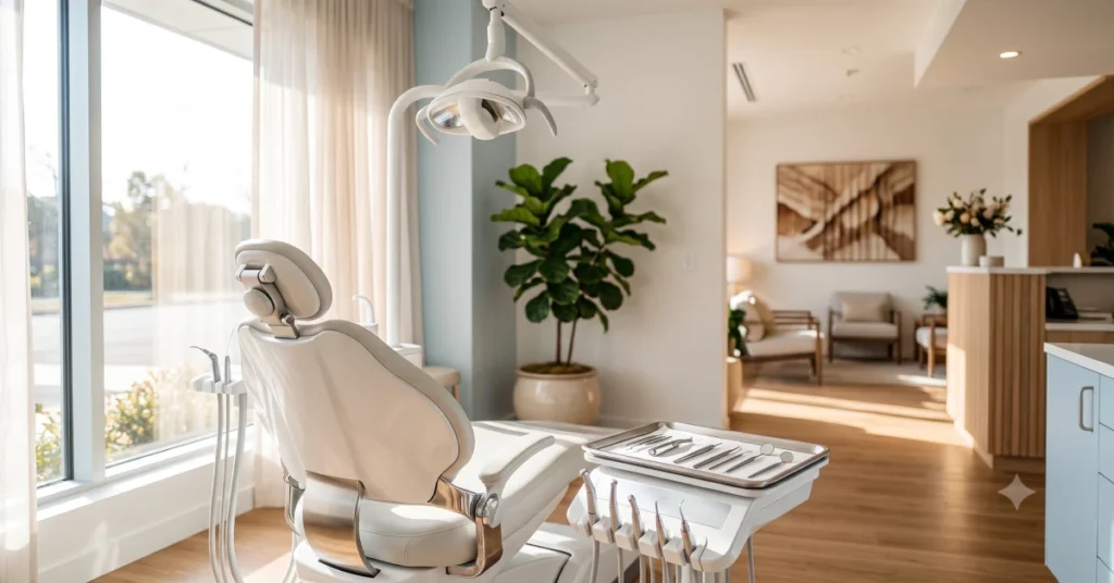 Bright, modern dental treatment room interior by Aghbashian Dental.