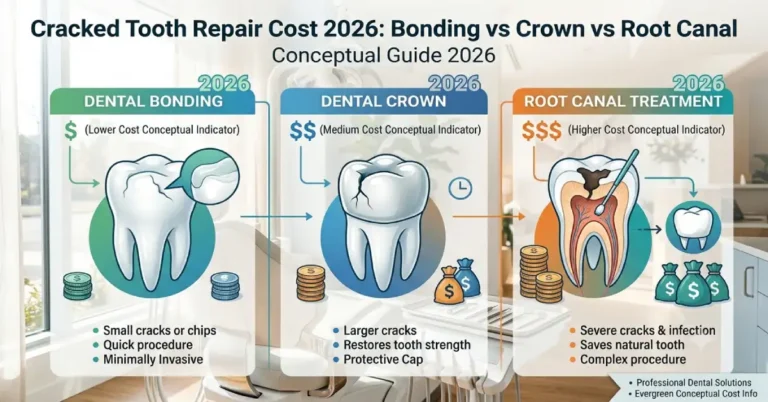 Illustration comparing cracked tooth repair costs for bonding, crowns, and root canals by Aghbashian Dental.